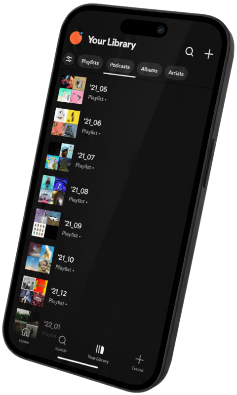 Phone showing Spotify library with monthly playlists